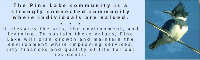 The Pine Lake community is a strongly connected community where individuals are valued. It elevates the arts, the environment, and learning. To sustain these values, Pine Lake will plan growth and maintain the environment while improving services, city finances and quality of live for our residents